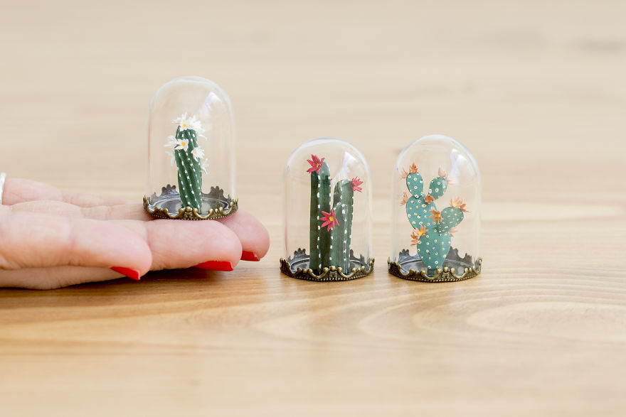 Tiny Terrariums With Miniature Paper Plants, Blooming Cacti And Flowers