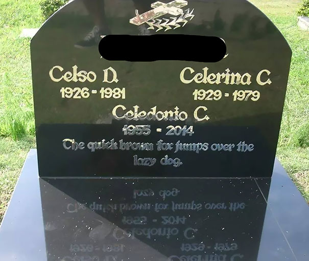 Black tombstone with gold and silver engraved names and a humorous epitaph, showcasing funny tombstones and undying humor.
