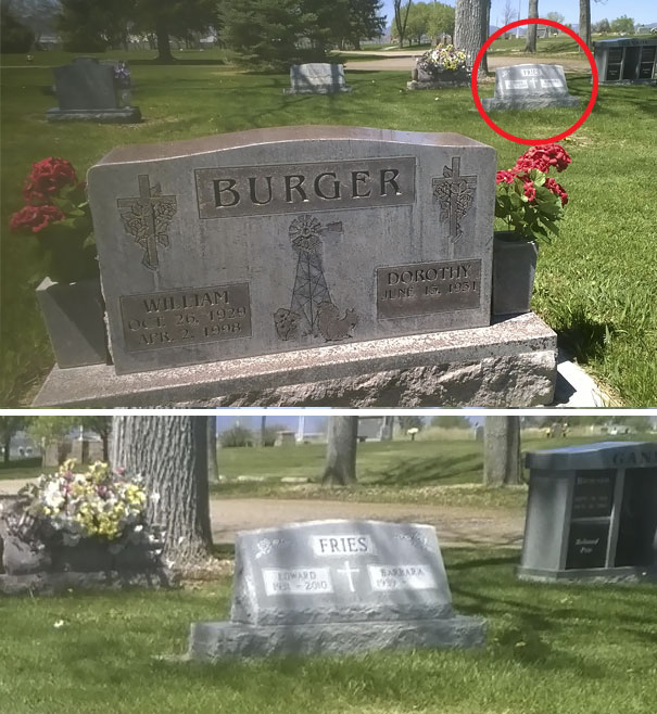 Two tombstones in a sunny cemetery with humorous names Burger and Fries, showcasing funny tombstones by people with humor.