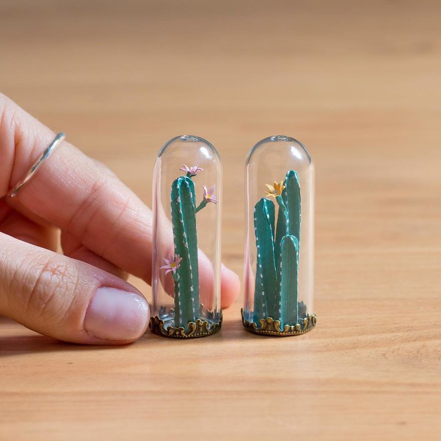 Tiny Terrariums With Miniature Paper Plants, Blooming Cacti And Flowers