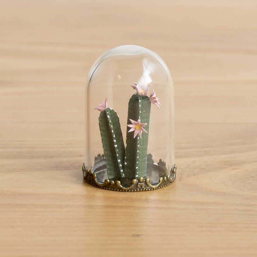 Tiny Terrariums With Miniature Paper Plants, Blooming Cacti And Flowers