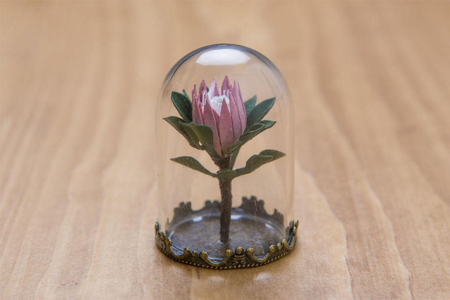 Tiny Terrariums With Miniature Paper Plants, Blooming Cacti And Flowers