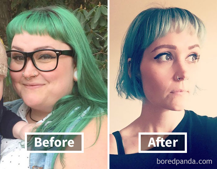 Before and after weight loss photos showing face fat loss in woman with green hair.