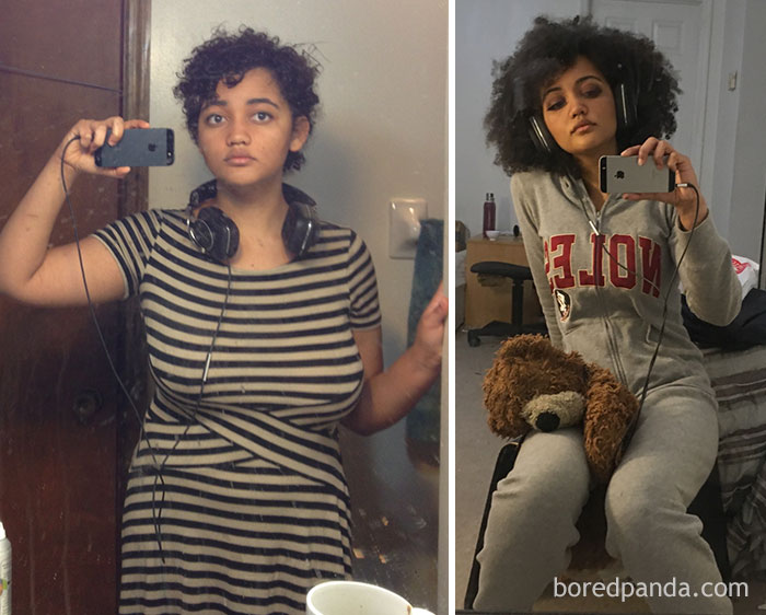 Before and after weight loss transformation of a woman taking mirror selfies, showcasing significant change.