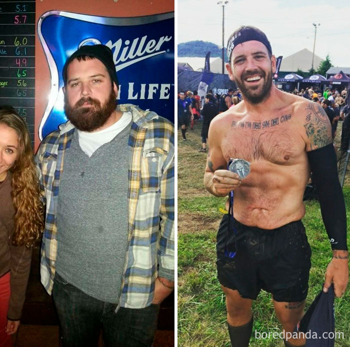 Before and after weight loss transformation showing the same man, first in casual wear, then holding a medal in athletic gear.