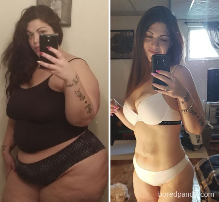 Before and after weight loss transformation, showing remarkable change in appearance.