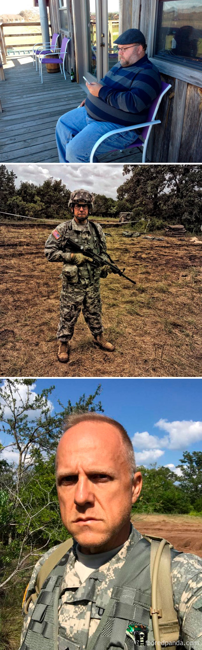 Before and after weight loss transformation showing significant physical changes in the same person.