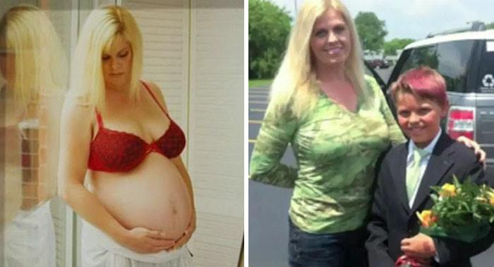 Two images: on the left Erica is pregnant and on the right, Corey is a boy with his mother