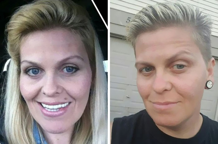 Two images: on the left Erica’s portrait as a woman on the right Erica’s portrait as a man Two images: on the left Erica’s portrait as a woman on the right Erica’s portrait as a man