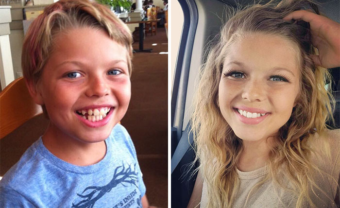 Two images: on the left Corey Maison as a boy and on the right Corey as a girl