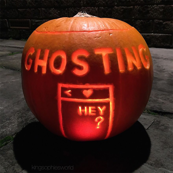 Scary pumpkin carved with the word "GHOSTING" and a phone chat screen.