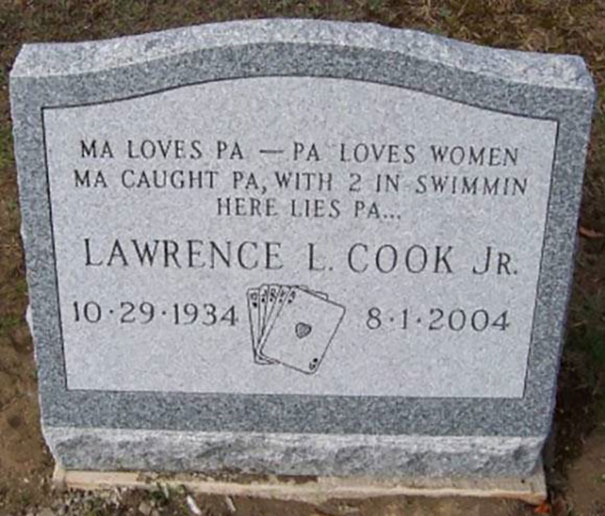 Humorous tombstone of Lawrence L. Cook Jr. with a funny epitaph and playing card illustration on gray granite stone.