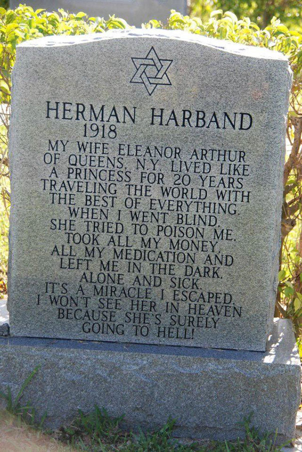 Tombstone with humorous epitaph describing a man's escape from a dangerous marriage in funny tombstones collection.