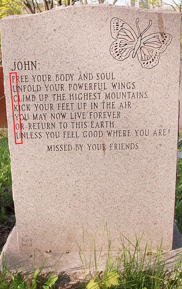 Funny tombstone with an acrostic poem spelling a humorous message, featuring a butterfly engraving on granite stone.