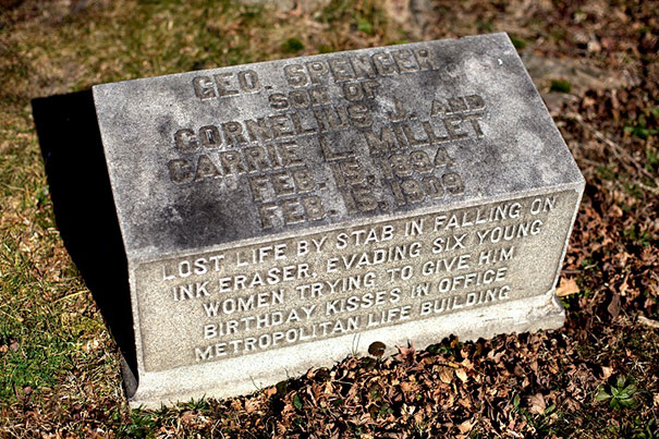 Funny tombstone with an undying humor inscription about a man’s unusual cause of death on a gravesite.