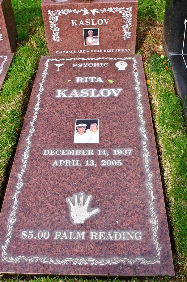 Funny tombstone for psychic Rita Kaslov with humor offering $5 palm reading and personalized photos on gravestone.