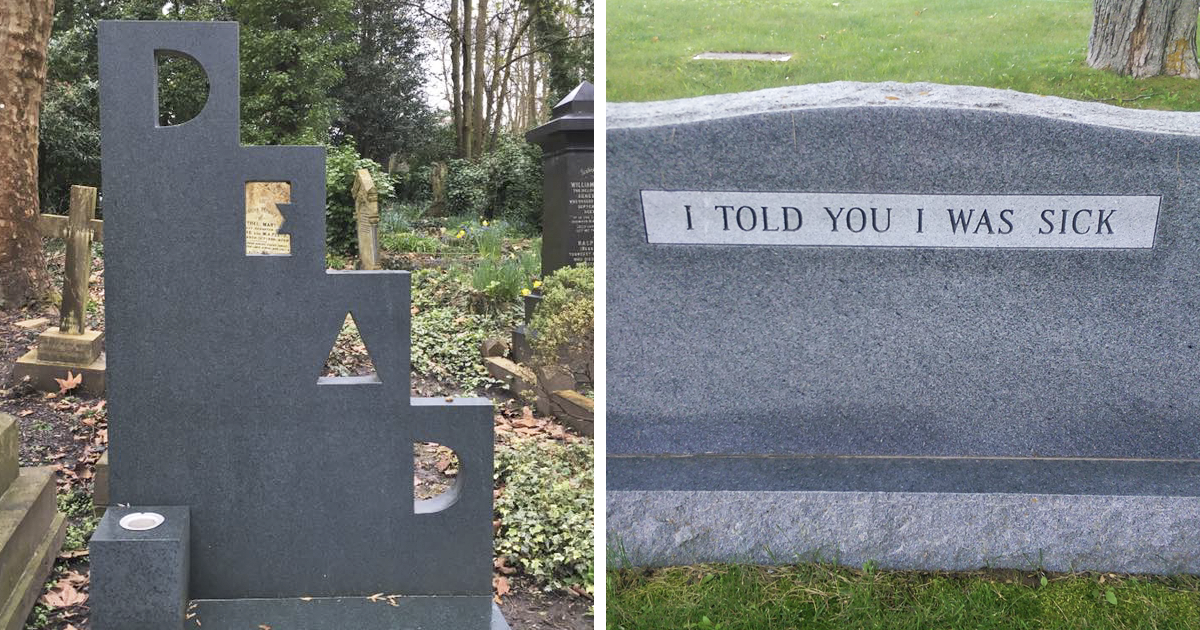 Creative funny tombstones with humorous inscriptions in a green cemetery setting showcasing undying humor.