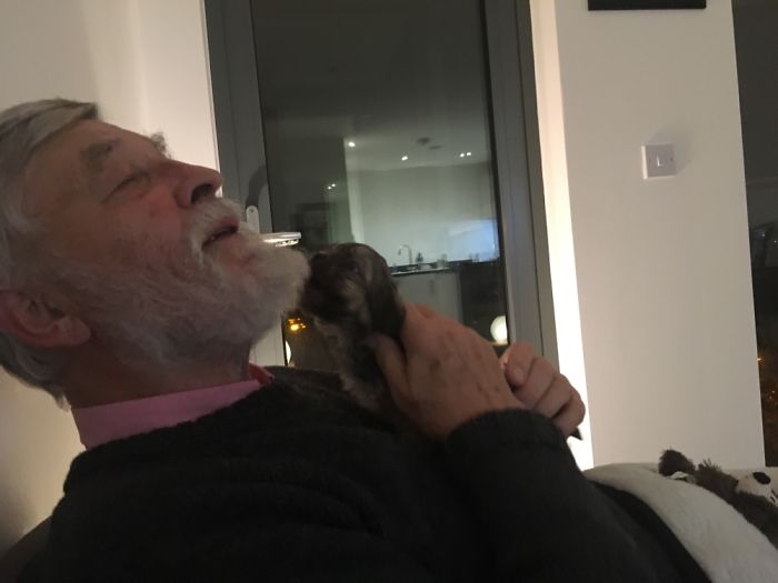 My Dad And The Pup Teddy On The Day We Brought Him Home.