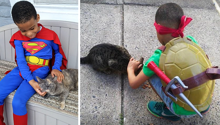 Este niño de 5 años se disfraza para ayudar a gatos sin hogar, porque cree que es un superhéroe para ellos