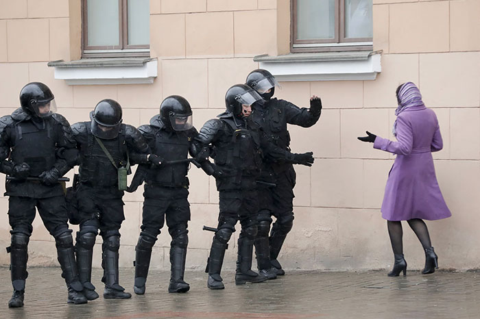 A Woman Argues With Belarus Police Officers Blocking A Street During An Opposition Rally In Minsk, Belarus As Hundreds Of People Were Arrested Over Protests Against Authoritarian President Alexander Lukashenko, 25 March 2017