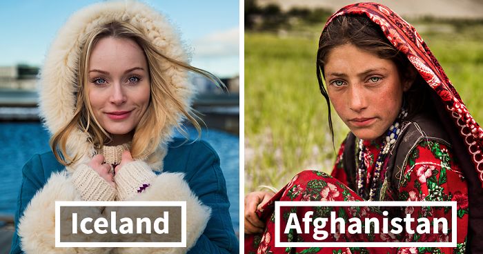 Portraits of women from Iceland and Afghanistan showcasing diverse beauty across 60 countries through photography.