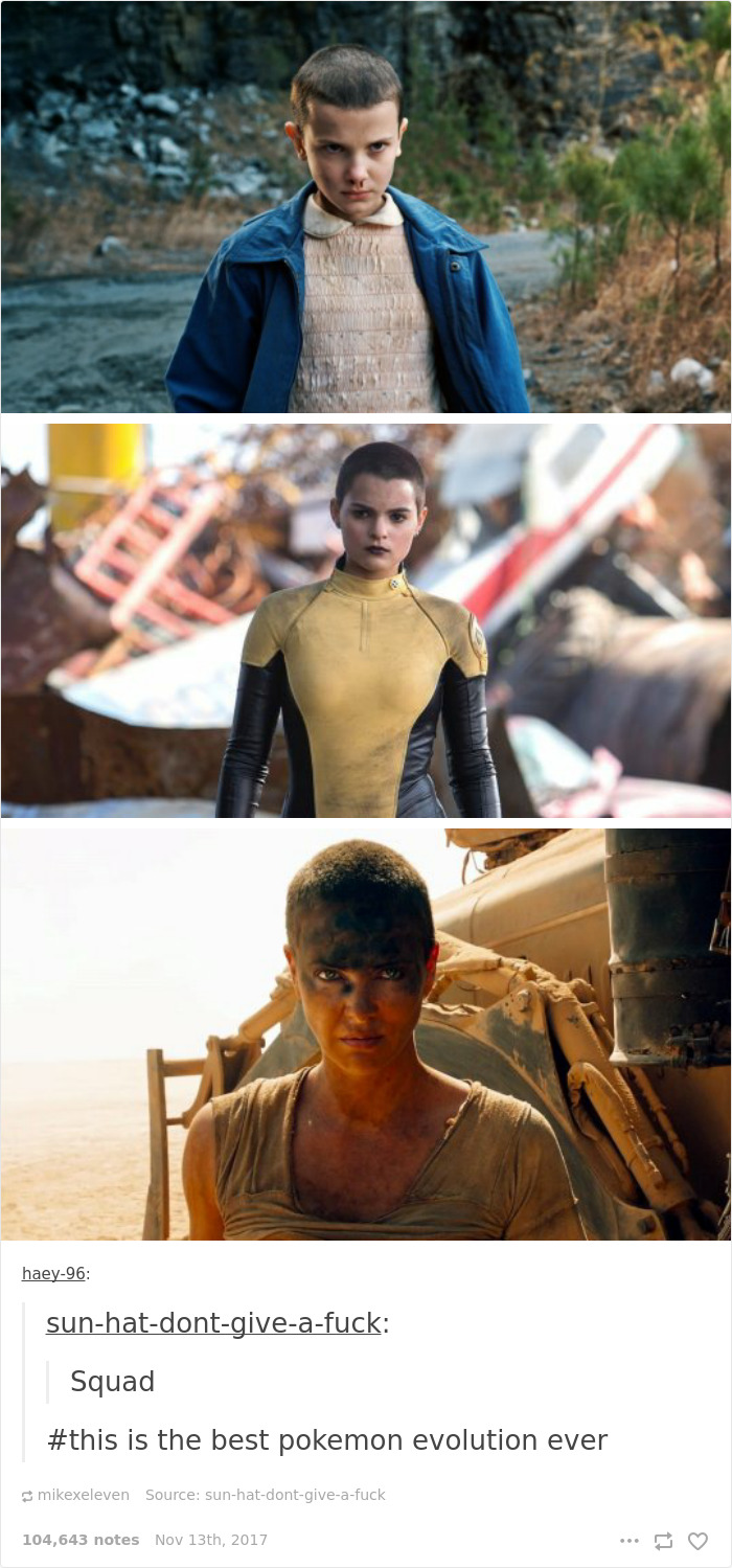 "Stranger Things meme with Eleven, X-Men character, and Mad Max character in sequence."