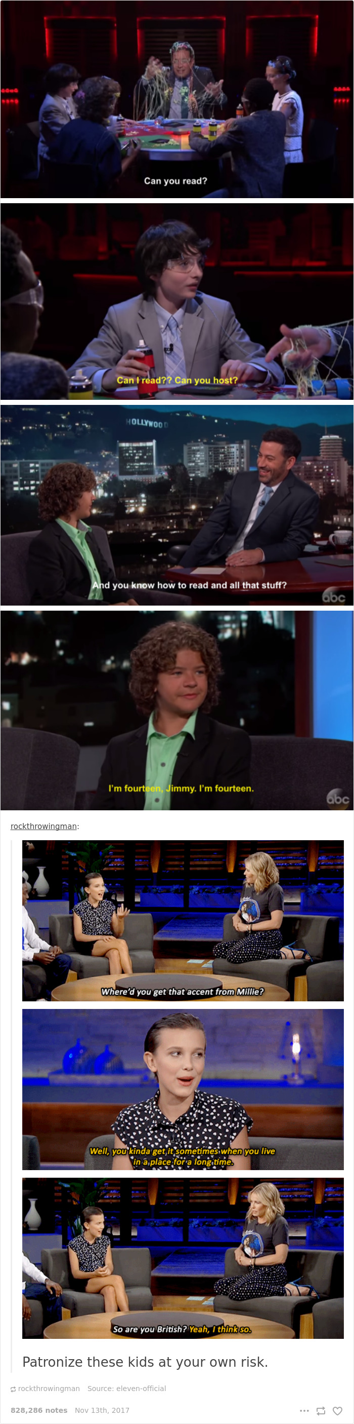 "Stranger Things" cast sharing humorous moments on a TV show set, engaging in witty banter with the host.