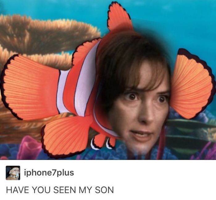 "Stranger Things meme featuring a woman's face on a clownfish, with text asking 'Have you seen my son?'"