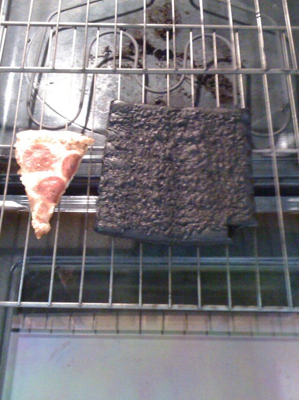My Roommate Came Home Drunk, Put A Pizza In The Oven, Then Passed Out. 6 Hours Later And This Is The Result (Compared To Properly Cooked Pizza)
