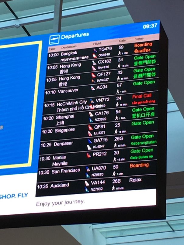 Sydney Airport Gives Status In English And The Language Of The Destination. And If You Have Time, Tells You To Relax