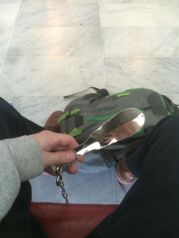 The Chairs Outside The Security Checkpoint At Charles De Gaulle Airport Have Shoe Horns Attached To Them