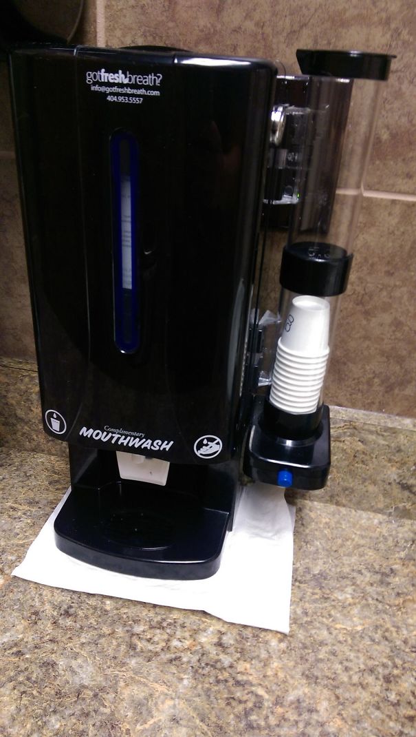 The Bathroom At The Local Airport Has Complimentary Mouthwash