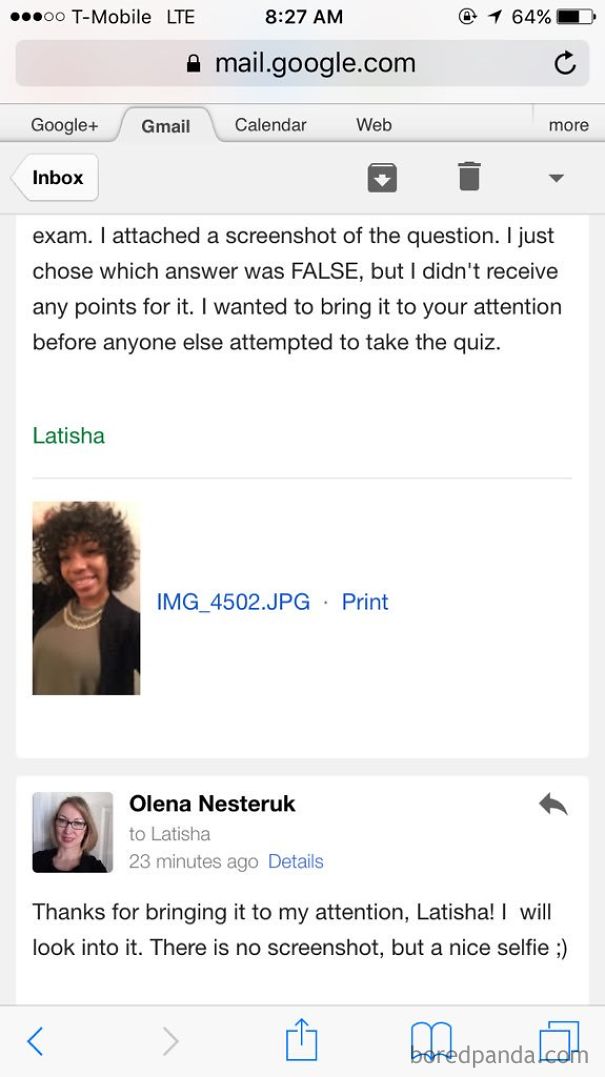 Funny email fail featuring a selfie mistakenly sent instead of a screenshot, with humorous response from colleague.