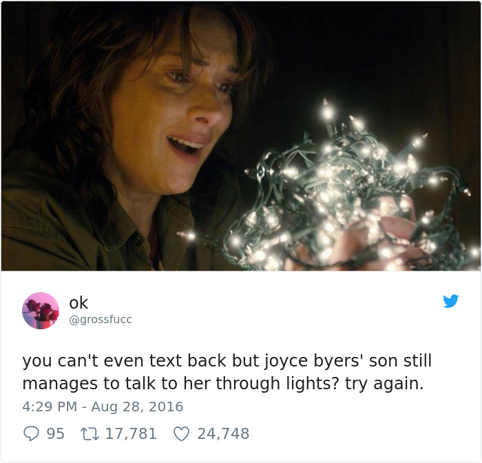 Joyce Byers from Stranger Things holding glowing lights with a humorous tweet about communication.
