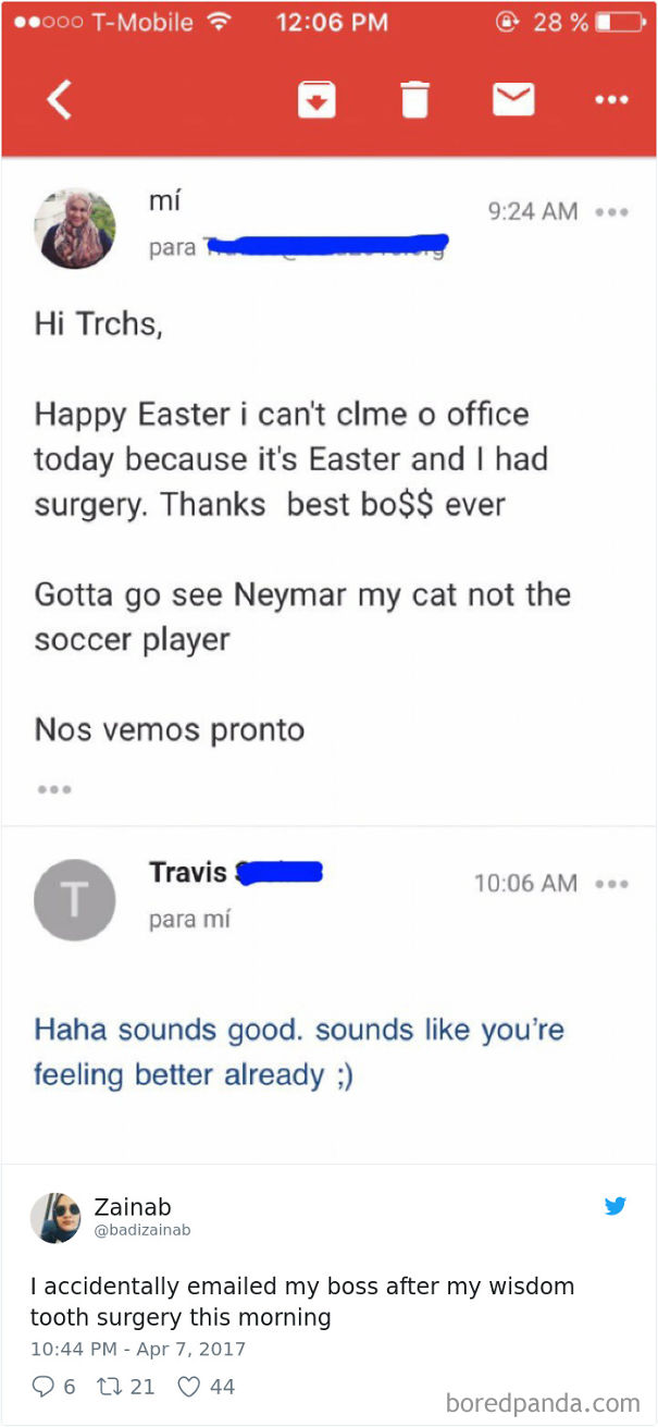 Funny email fail about missing work due to Easter and tooth surgery, mentioning a cat named Neymar, misunderstood by boss.