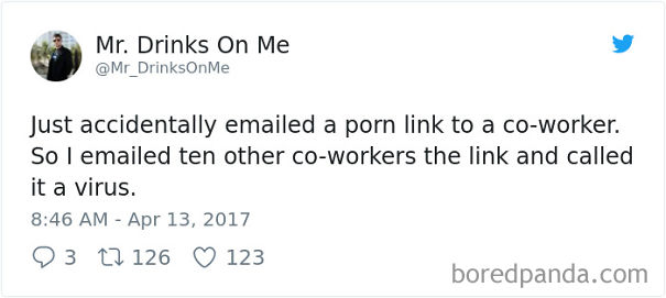 Tweet about a funny email fail involving sending a link to co-workers and claiming it's a virus.