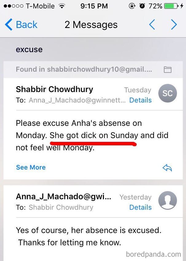 Screenshot of a funny email fail with a humorous typo in the absence excuse.