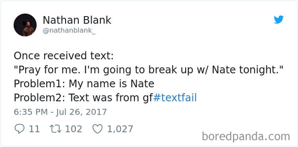 Tweet with a funny email fail involving a mistaken text message mix-up.