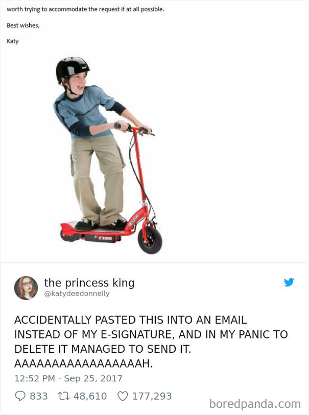 Funny email fail of a person accidentally sending an image of a boy riding a scooter as an e-signature.