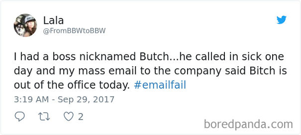 Tweet showing a humorous email fail where a boss's nickname was autocorrected.