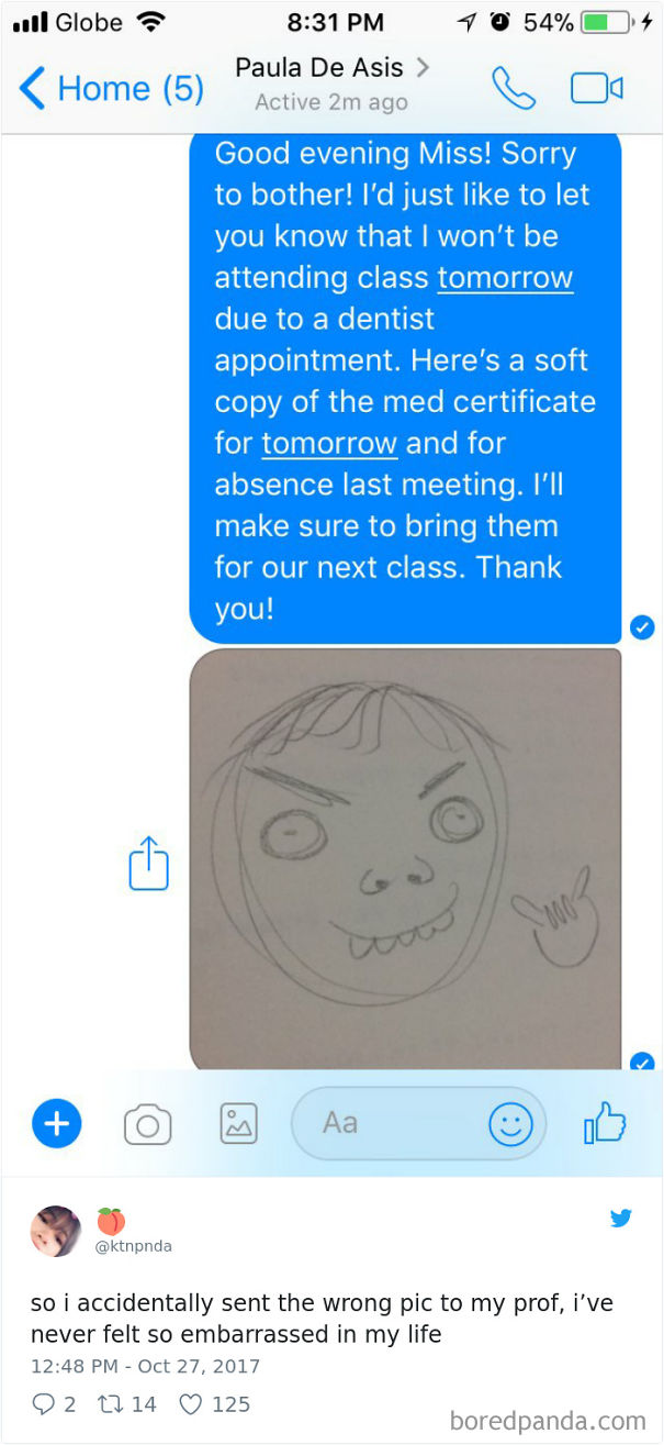 Text message email fail showing a mistake with an embarrassing drawing sent to a professor by accident.
