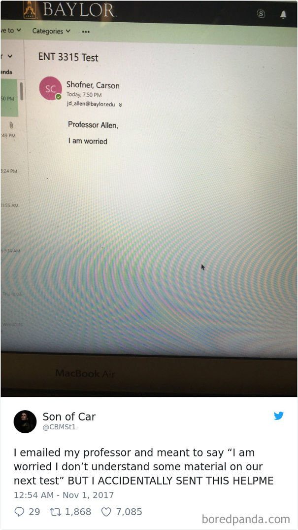 Funny email fail with a student accidentally sending a worried message to a professor.