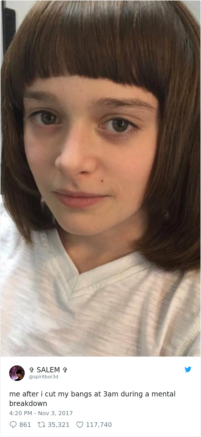 "Stranger Things" meme showing a person with short bangs and a neutral expression.