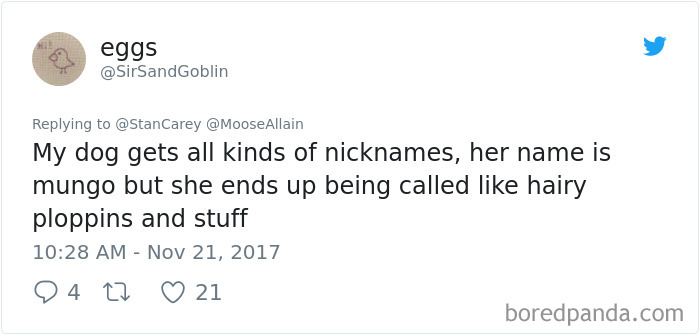 Tweet about dog nicknames showing how people are sharing the names they now call their pets instead of the original one.