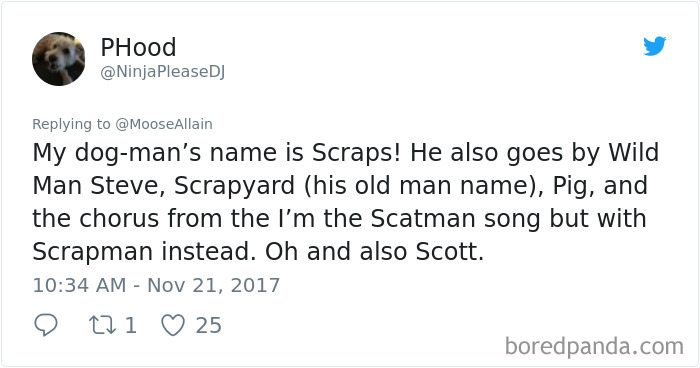 Tweet showing a humorous example of people sharing the names they now call their pets instead of the original one.