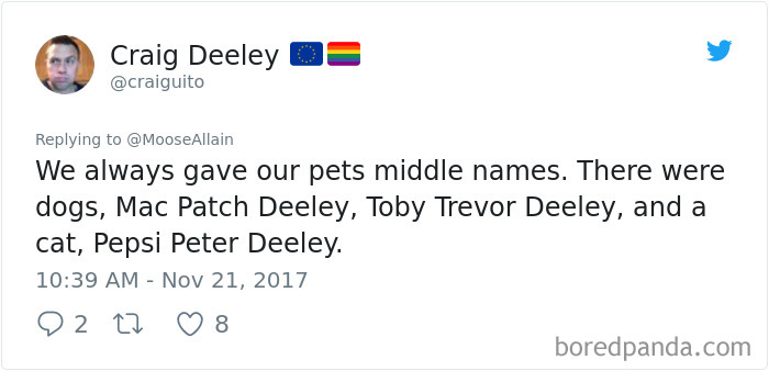 Tweet showing a user sharing funny alternative pet names used instead of their original ones, highlighting pet name creativity.