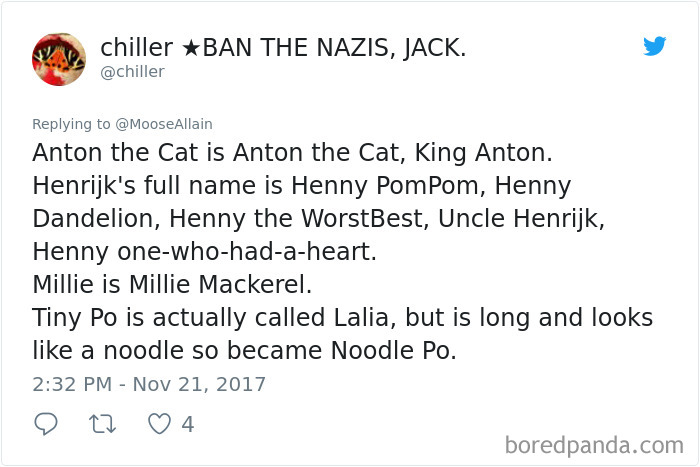 Tweet showing funny new names people call their pets instead of the original one, sharing creative and hilarious pet name ideas.