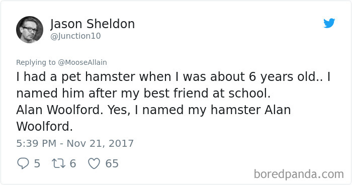 Tweet sharing a funny pet name story as part of people sharing the names they now call their pets instead of original ones.