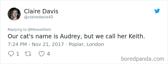 Tweet from Claire Davis sharing a funny pet name change, highlighting people sharing names they now call their pets.