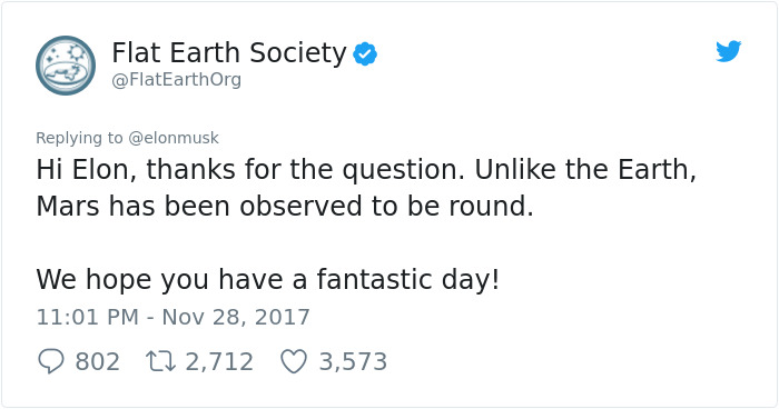 Elon Musk Destroys The 'Flat Earth Society' With A Single Question, And Their Reply Is The Pinnacle Of Irony Elon Musk Destroys The 'Flat Earth Society' With A Single Question, And Their Reply Is The Pinnacle Of Irony